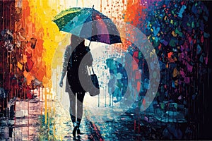 woman, walking in the rain, with rainbow umbrella and colorful surroundings