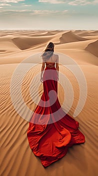 Woman Walking Through Sand Dunes in a Red Dress. Generative ai