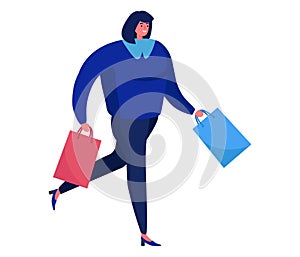 Woman walking with shopping bags, stylish outfit, blue sweater. Consumerism and fashion, happy shopper. Vector