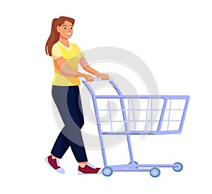 Woman walking with shopping cart in hands. Young happy girl in supermarket with empty cart vector illustration. Smiling