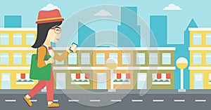 Woman walking with smartphone vector illustration.