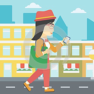 Woman walking with smartphone vector illustration.