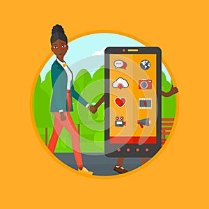 Woman walking with smartphone vector illustration.