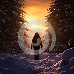 Woman walking through a snowy forest at sunset