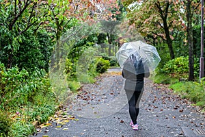 Woman walking and spreading umbrellas in the garden