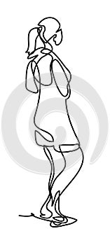 Woman walking in the street in a sunny summer day. Continuous line drawing. Isolated on the white background. Vector