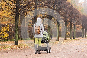 Woman walking with stroller in autumn park