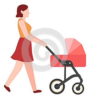Woman walking with stroller. Young mother pushing pram