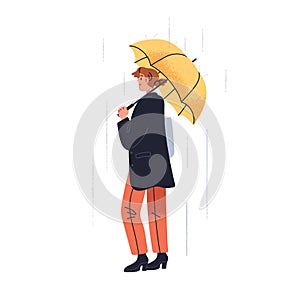 Woman walking under umbrella in rain shower. Person holding parasol in hand in downpour, rainfall, rainy day, wet