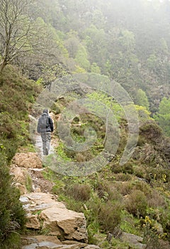 Woman walking up a mountain on stone path