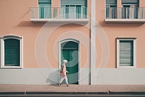 woman walking on a white housewoman walking on a white housea woman in an old town