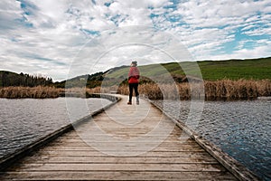 Woman walking on wooden walkway on Peka Peka Wetlands, Hawke`s Bay, New Zealand