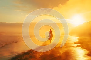 A woman walks along a sun-drenched beach, with windswept sands swirling around in a vast, golden landscape