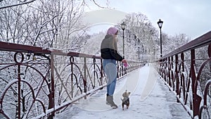 Woman walks on bridge with little dog. Small yorkshire terrier on leash runs near owner in a winter snow-covered park