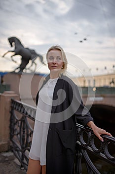 A woman walks through the center of St. Petersburg. Russia