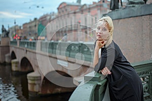 A woman walks through the center of St. Petersburg. Russia
