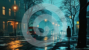 Woman walks down the street with a city bus in the rain