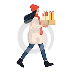 A woman walks down the street,  holding gift boxes