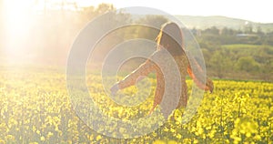 Woman walks in a field of yellow flowers. flower for the beauty and health of the skin and hair. attractive girl in