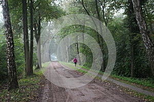 Woman walks in the green forest