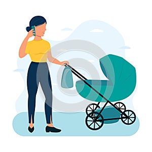 A woman walks with her child while working on the phone