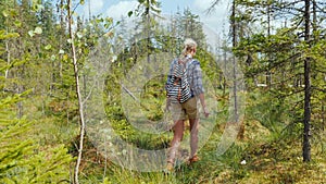 A woman walks through the marshland in the forest. Back view. Dangerous trek and get lost concept