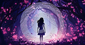 a woman walks in the middle of a pink forest at night