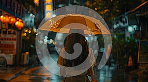 A woman walks in the rain with an orange umbrella under the citys midnight sky
