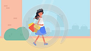 A woman walks through a shopping center. Shopping, clothing, gait