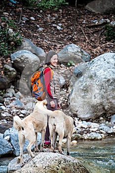 A woman walks with two Caucasian Shepherd dogs in the forest