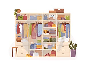 Woman wardrobe with organized clothes accessories