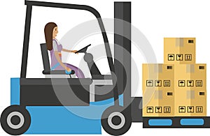 Woman warehouse worker driving forklift loaded with parcel boxes vector icon isolated on white