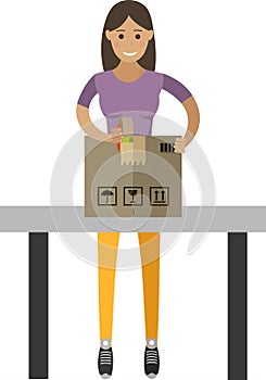 Woman warehouse worker packing parcel vector icon isolated on white