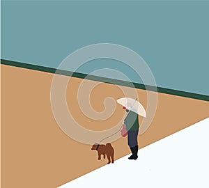 Woman in warm coat and carry umbrella walk with her dog, puppy in park.