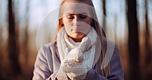 Woman warming up hands in autumn