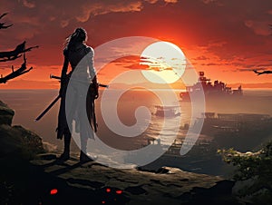 Woman warrior silhouette with samurai sword at fiery sunset in Asian style AI