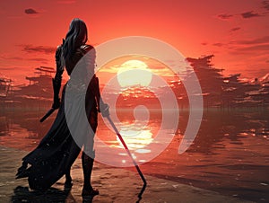 Woman warrior silhouette with samurai sword at fiery sunset in Asian style AI