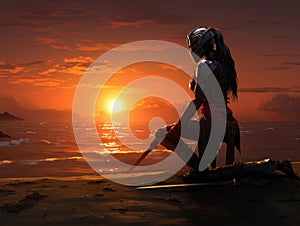 Woman warrior silhouette with samurai sword at fiery sunset in Asian style AI