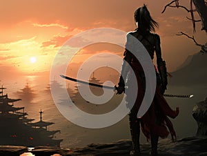 Woman warrior silhouette with samurai sword at fiery sunset in Asian style AI