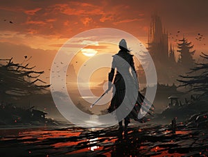 Woman warrior silhouette with samurai sword at fiery sunset in Asian style AI