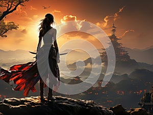 Woman warrior silhouette with samurai sword at fiery sunset in Asian style AI