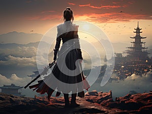 Woman warrior silhouette with samurai sword at fiery sunset in Asian style AI