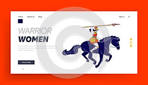 Woman Warrior with Weapon Landing Page Template. Amazon Female Character Fighting at War Riding Horse with Spear, Diana