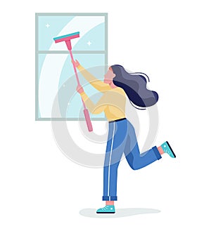 Woman wash the window. Female character clean the glass at home