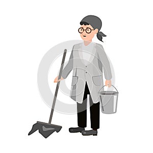 A woman washes the floor. Cartoon cleaning lady with bucket and mop