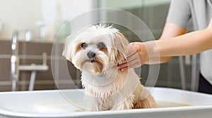 A woman washes a small purebred dog in a salon. Happy dog takes a bath. Pet grooming concept. Pet day. AI generative