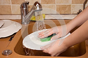 The woman washes ware