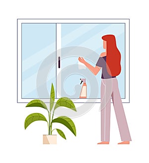 Woman washes window. Female character cleans windows with spray detergent, clean home and housekeep concept. Housework