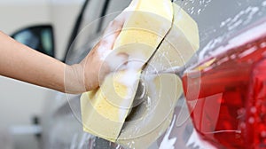 Woman Washing a car with a sponge and soap.
