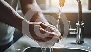 Woman washing, cleaning hands using soap under warm water in bathroom